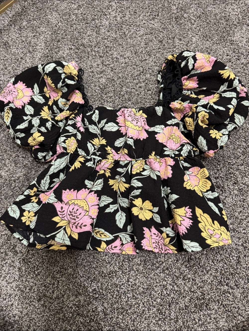 Blu Pepper Black Floral Puff-Sleeve Peplum Top with Pink & Yellow Flowers